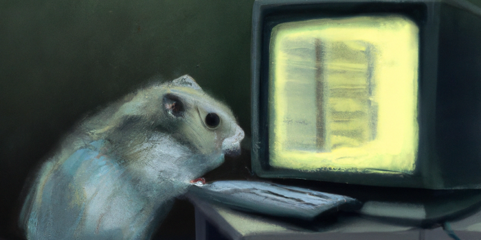 A hamster working on a CRT monitor trying to add images to his static site generated website. Why are you hovering over this? It's just a hamster.