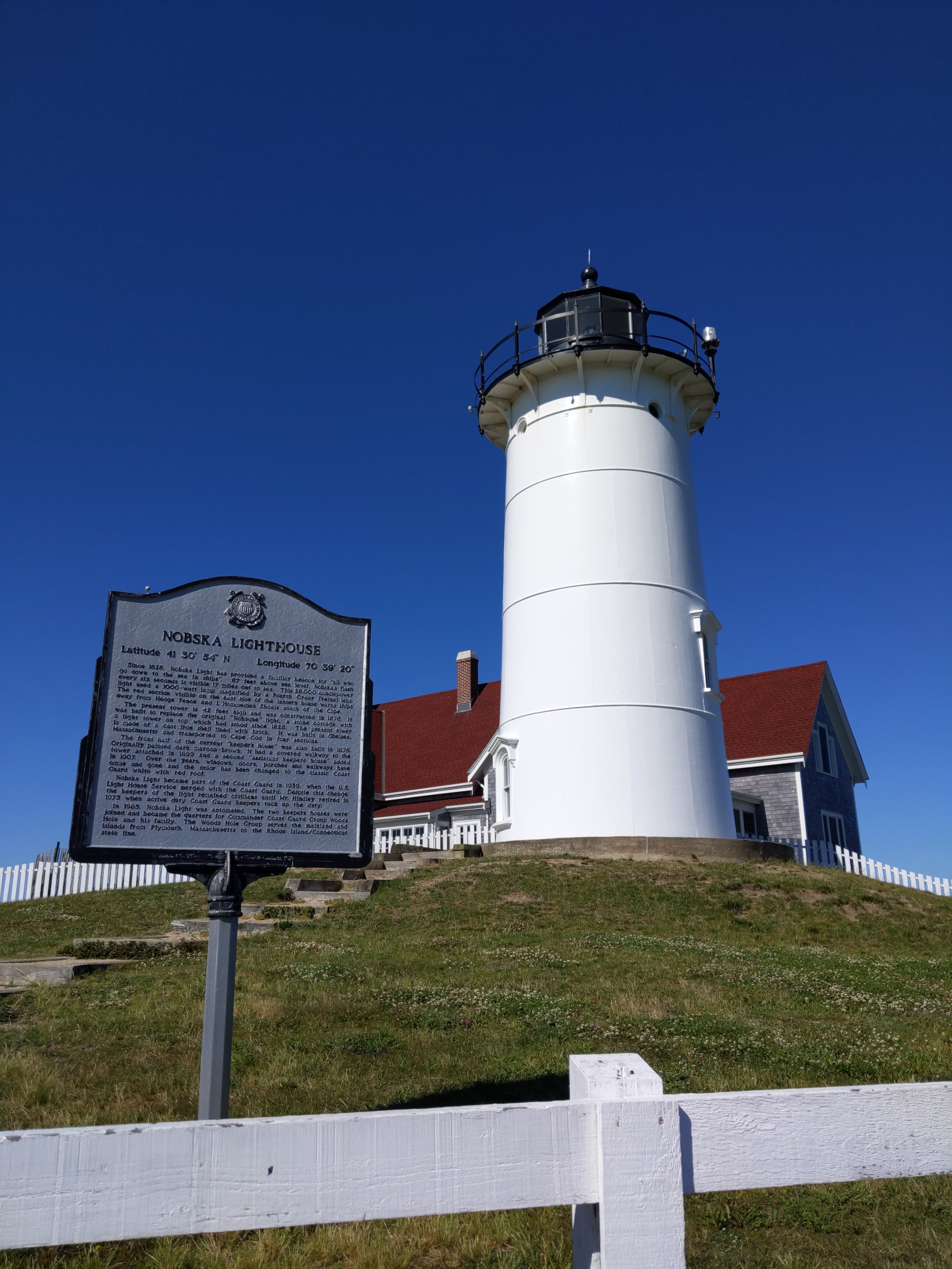 This is Nobska Lighthouse, opened in 1859. It is under partial reconstruction and wasn't really available to the public. It sits on the southern coast of Cape Cod, near the ferries to go to Martha's Vineyard.