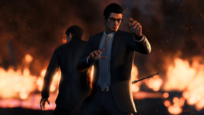 'Joryu' looking classy in a suit while things are on fire - could this picture be any more Yakuza if it tried? Maybe throw in a tiger or a military tank?